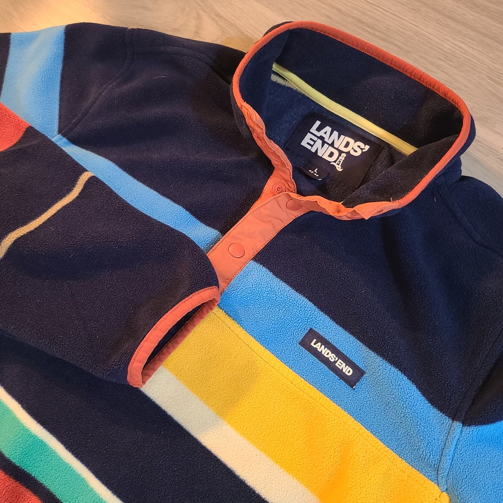 Lands' End  Mens L Herirage Snap-Neck Colorful Retro Striped Fleece Pullover